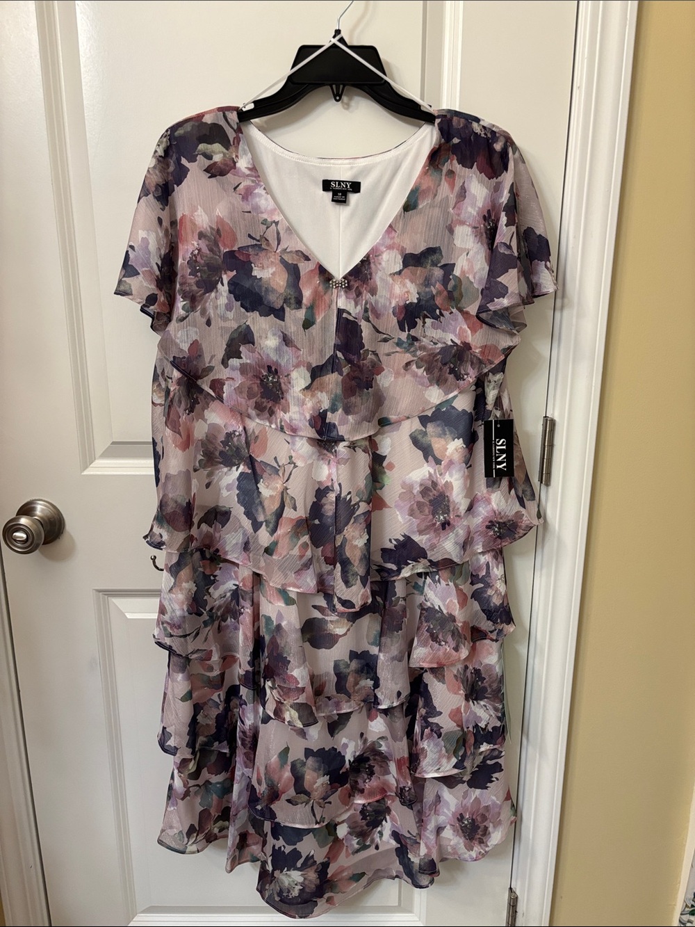 SLNY Floral Tiered Ruffle Midi Dress in Blush and Navy